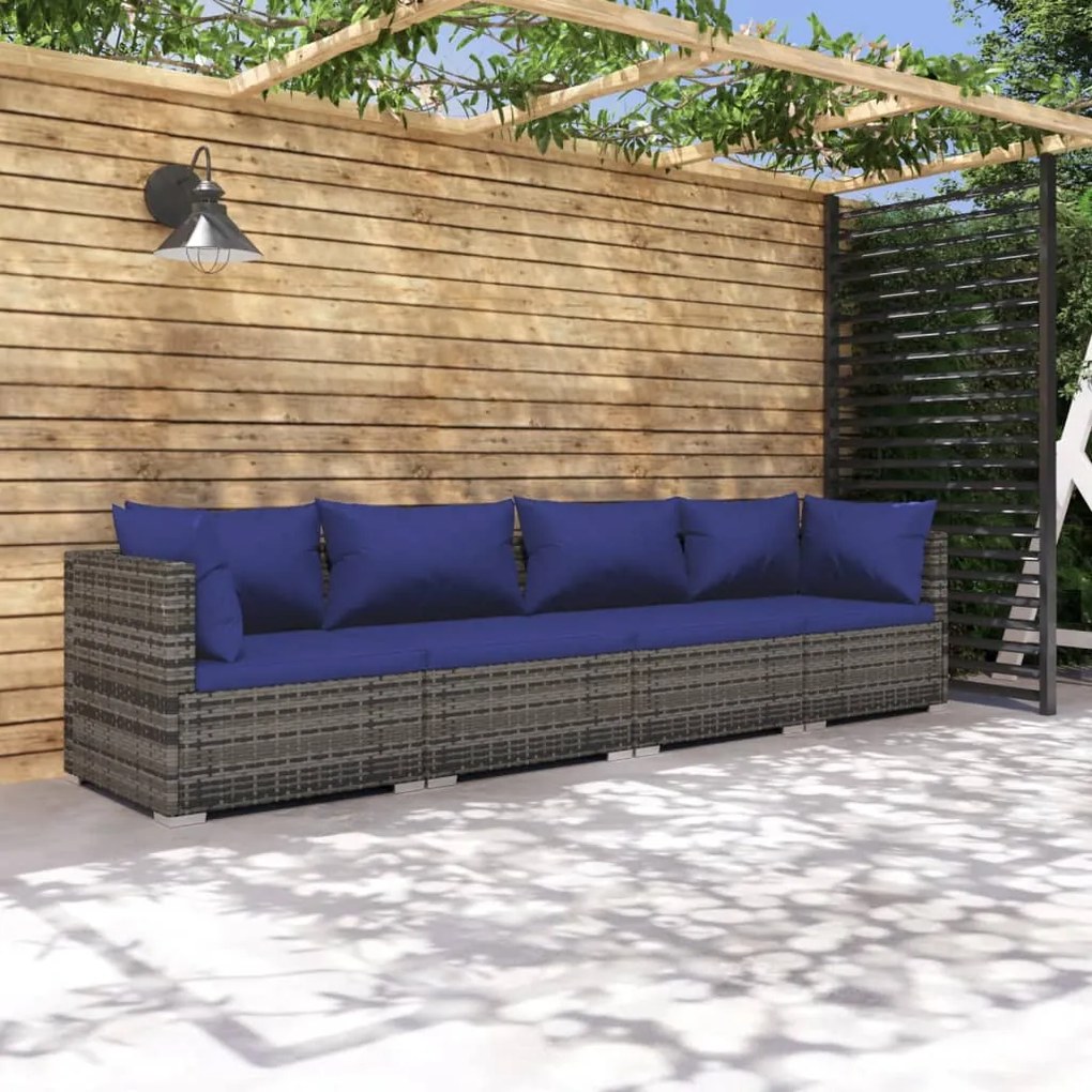 Set Divani da Giardino 4 pz con Cuscini in Polyrattan Grigio