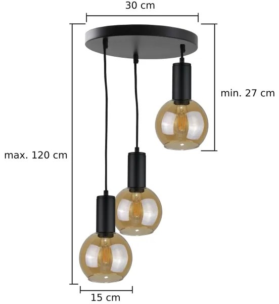 Lampadario a sospensione con filo JANTAR BLACK 3xE27/60W/230V diametro 30 cm