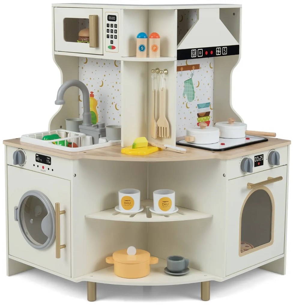 Costway Cucina giocattolo per bambini set angolare legno con rubinetto e lavandino, Cucina giocattolo microonde e lavastoviglie Beige