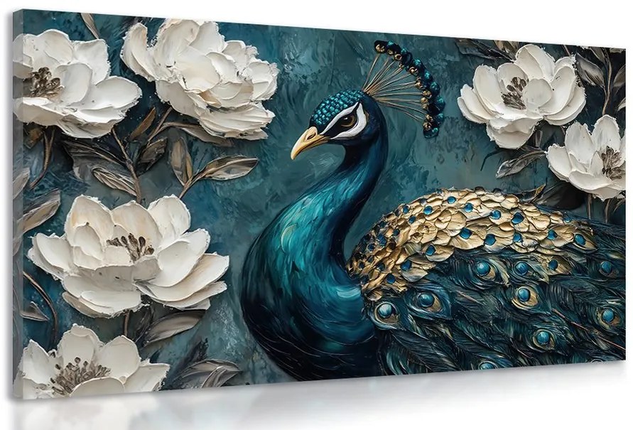 Quadro su tela – Ritratto di pavone tra i fiori