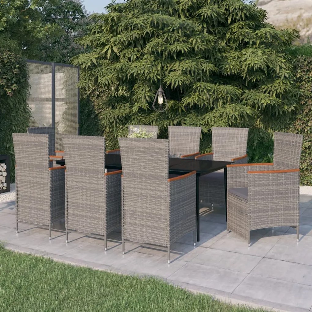 Set da pranzo da giardino 9 pz con cuscini grigio