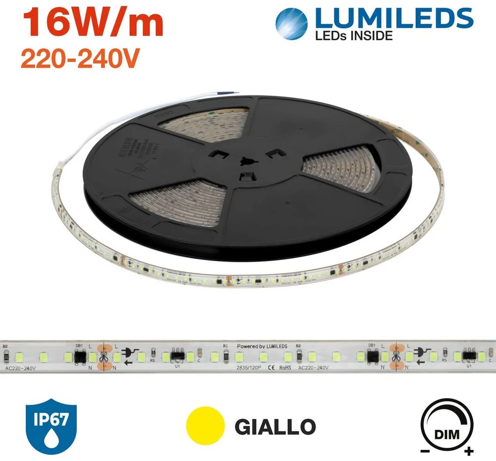 Striscia LED 220V 16W/m chip Lumileds Dimmerabile IP67 10m GIALLO Colore Giallo