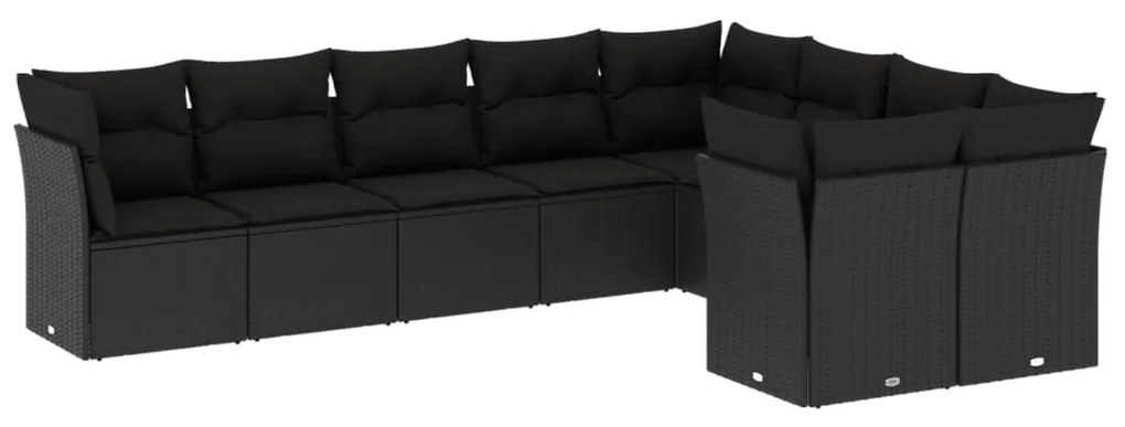 Set divani da giardino 9 pz con cuscini nero in polyrattan