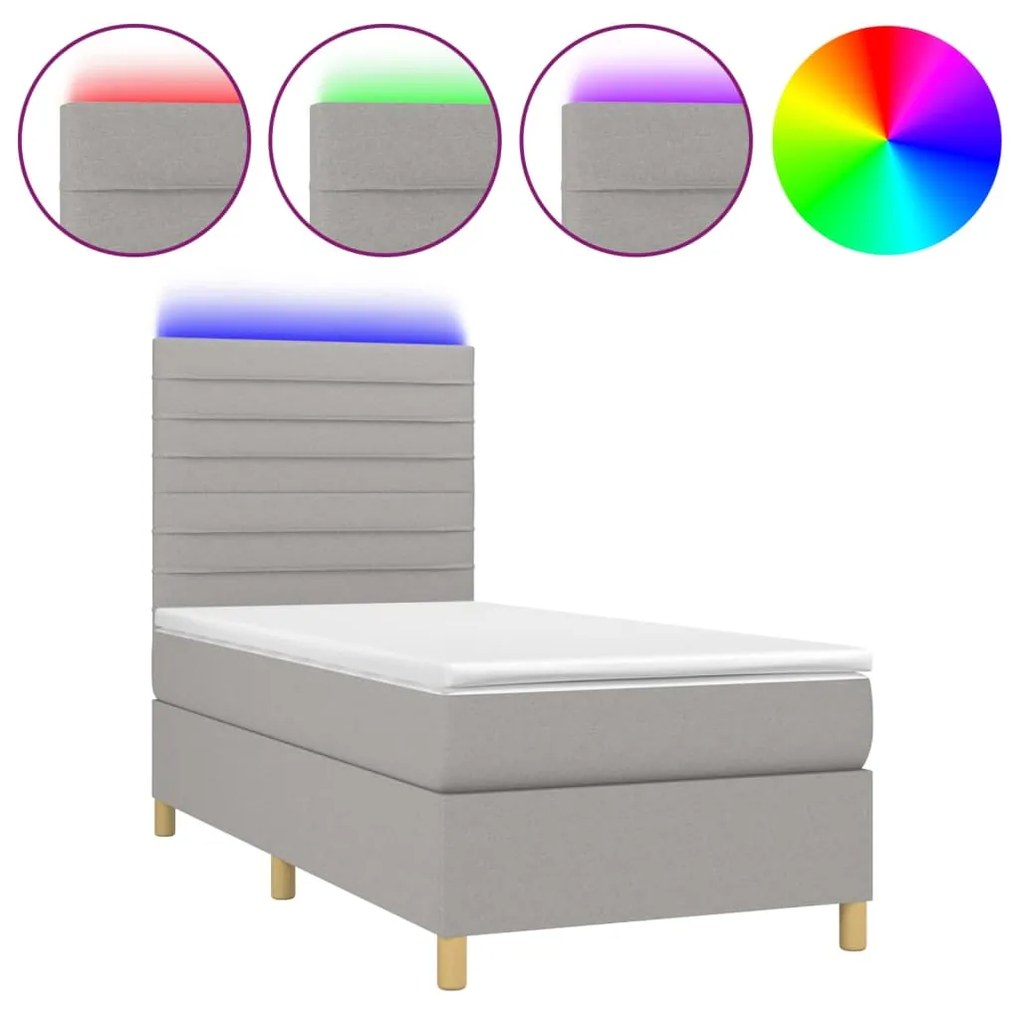 Letto a molle materasso e led grigio chiaro 90x200 cm tessuto