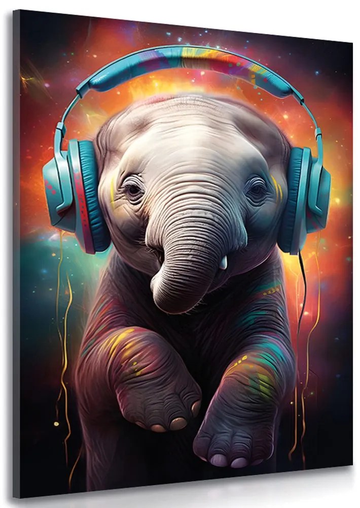 Stampa su tela – Elefante con cuffie