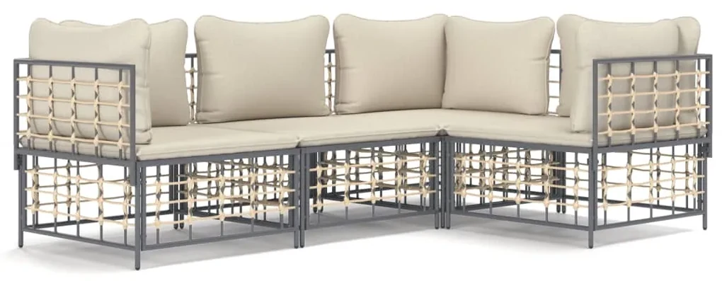 Set divani da giardino 4 pz con cuscini antracite in polyrattan