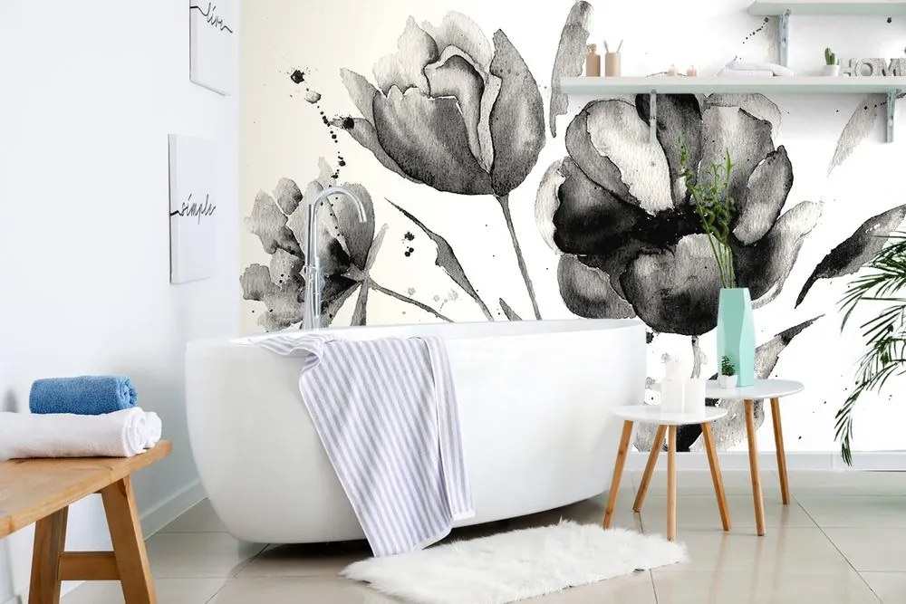Carta da parati – Tulipani in Bianco e Nero in Stile Particolare