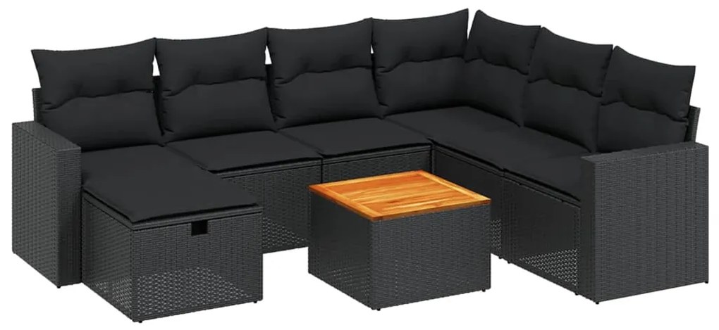 Set divani da giardino con cuscini 8 pz nero in polyrattan