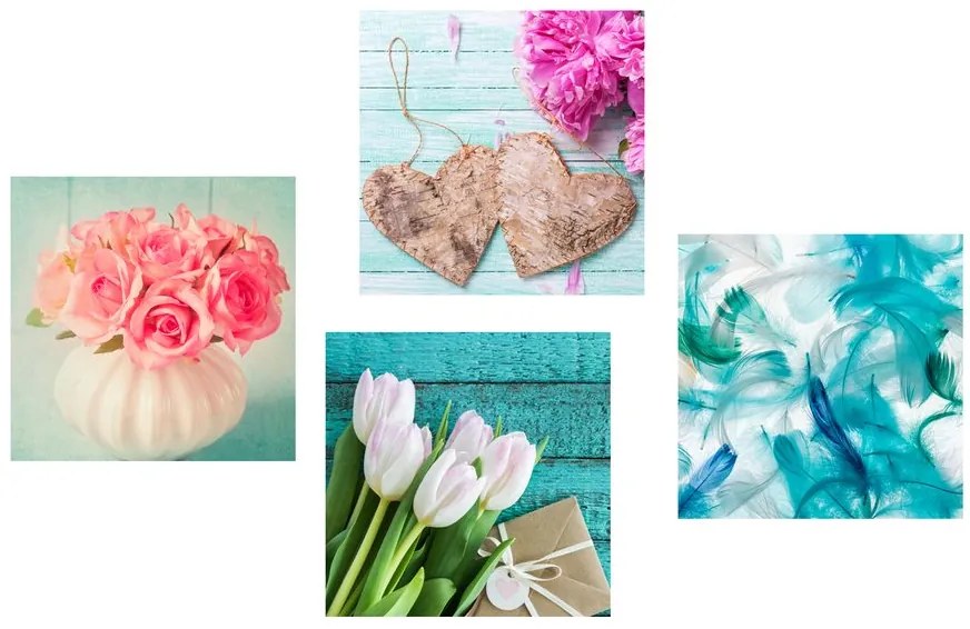 Set di quadri – Natura morta turchese con fiori
