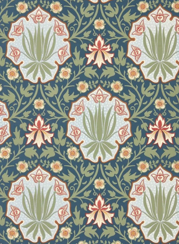 Morris & Co Carta da parati Iris & Rose - Indigo/ Thyme