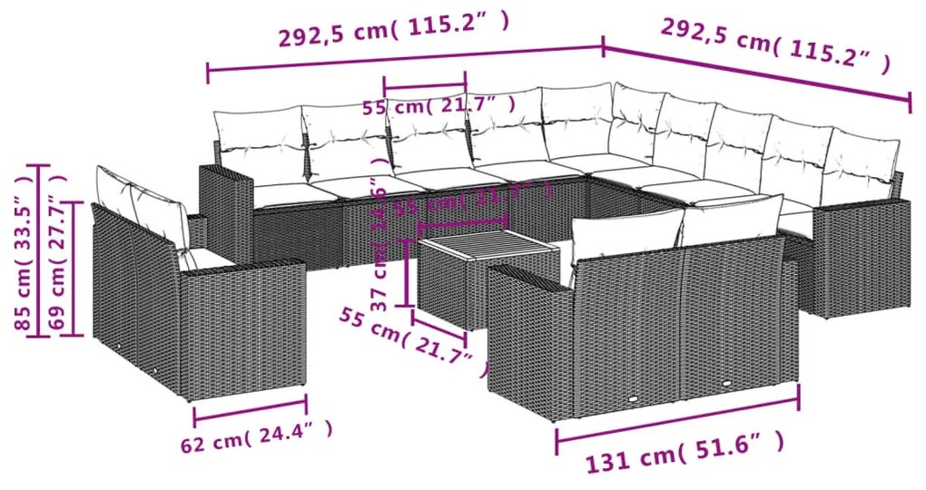 Set divani da giardino 14pz con cuscini in polyrattan beige