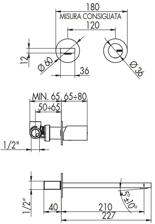 Bellosta Ludo Miscelatore Miscelatore Lavabo Da Parete Bocca Prolungata 210 Mm senza parte incasso Cromo