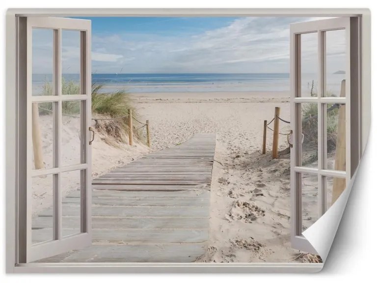 Carta Da Parati, Vista finestra spiaggia mare natura Dimensioni 210x150