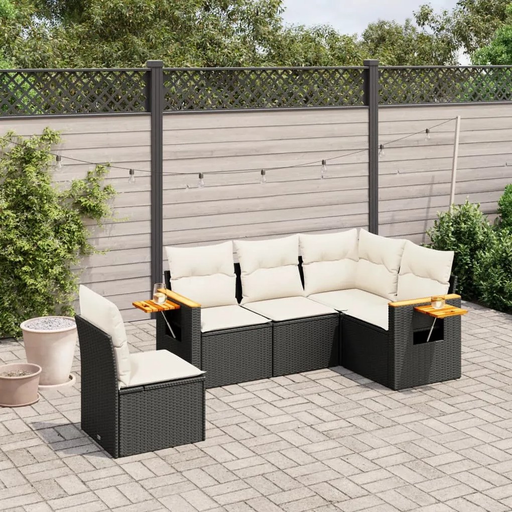 Set divani da giardino 5 pz con cuscini in polyrattan nero