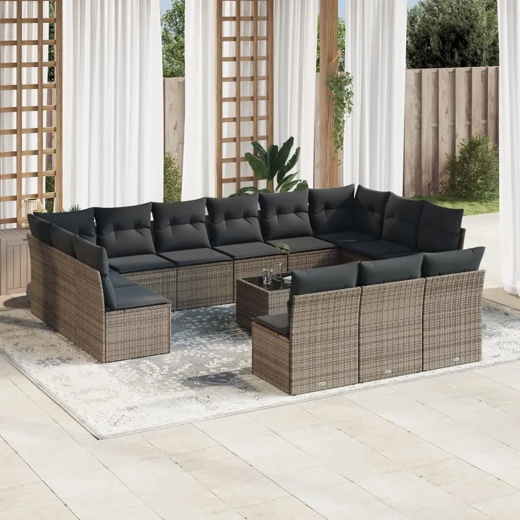 Set divani da giardino 14pz con cuscini in polyrattan grigio