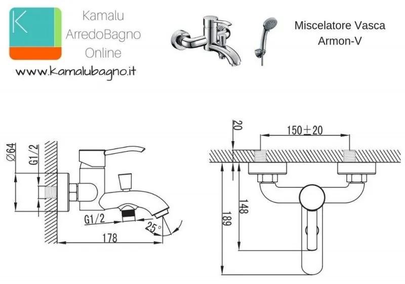 Kamalu - rubinetto per vasca in ottone cromato modello armon-v