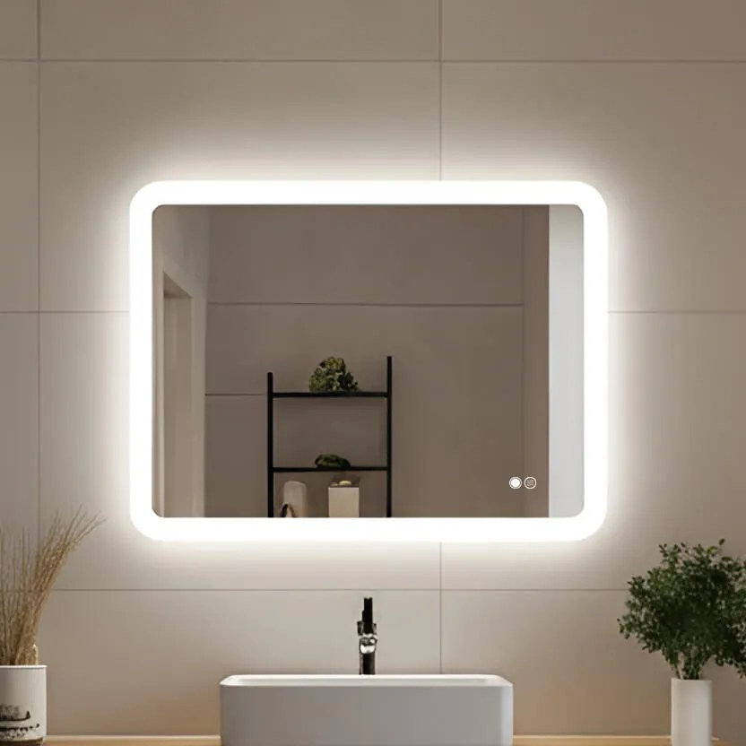 Specchio da bagno arrotondato con illuminazione LED 80x60\100x70\120x70\60x80\70x100\70x120 cm, bicolore, interruttore touch, tappetino riscaldante