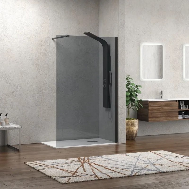 Box doccia walkin 150 cm vetro fumé anticalcare profilo nero opaco KW-100BF - KAMALU
