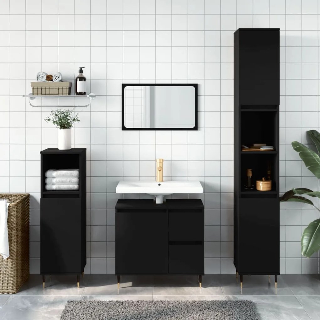 Set Mobili Da Bagno 3 Pz Nero İn Legno Multistrato /