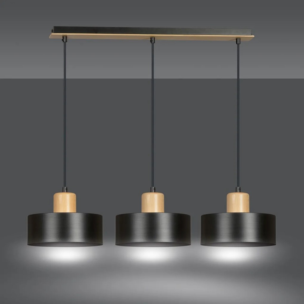 Lampadario a Sospensione in Acciaio e Legno TORIN 3 Nero 3xE27