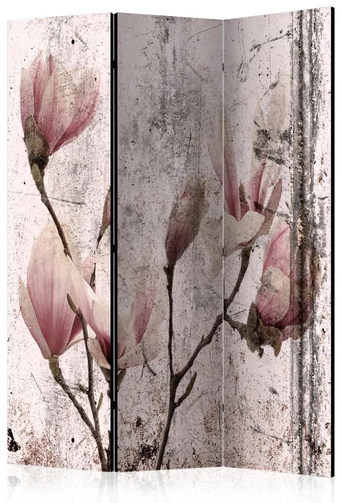 Paravento design Sipario di magnolie (3-parti) - fiori rosa su sfondo sbiadito