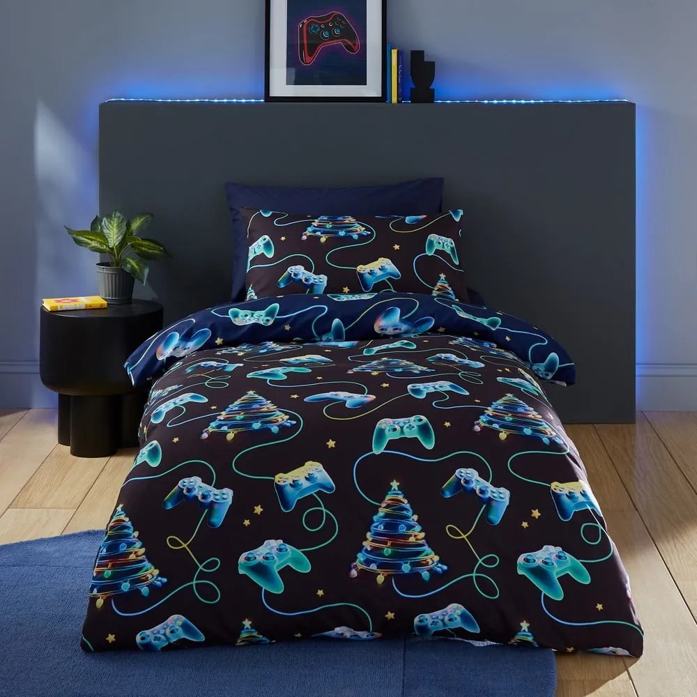 Set copripiumino e federa nero e blu per letto matrimoniale 200x200 cm Christmas Gamer – Catherine Lansfield