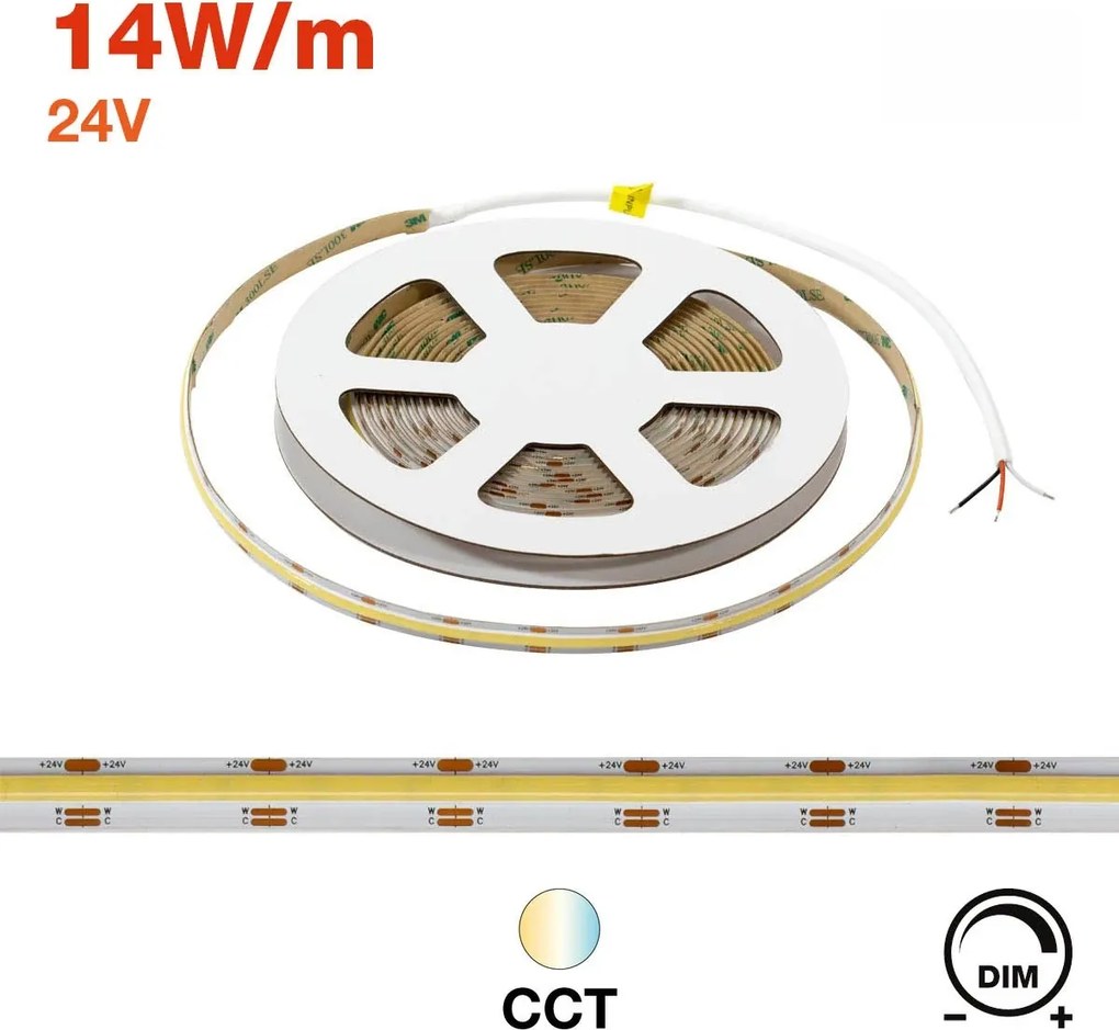 Striscia LED COB CCT Bianco Variabile 24V 14W/m Professionale - IP20 - 5 metri