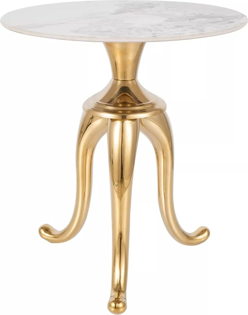 Tavolino Snake in ceramica marmo bianco con base oro – Ø48x55 cm