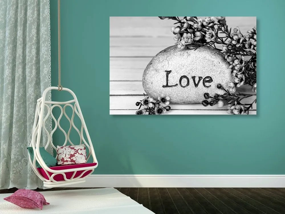 Quadro su tela – Con scritta su pietra Love in bianco e nero