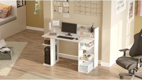 Scrivania Moderna Porta PC 120x58x98 Con Ripiani Laterali Pixel Bianca