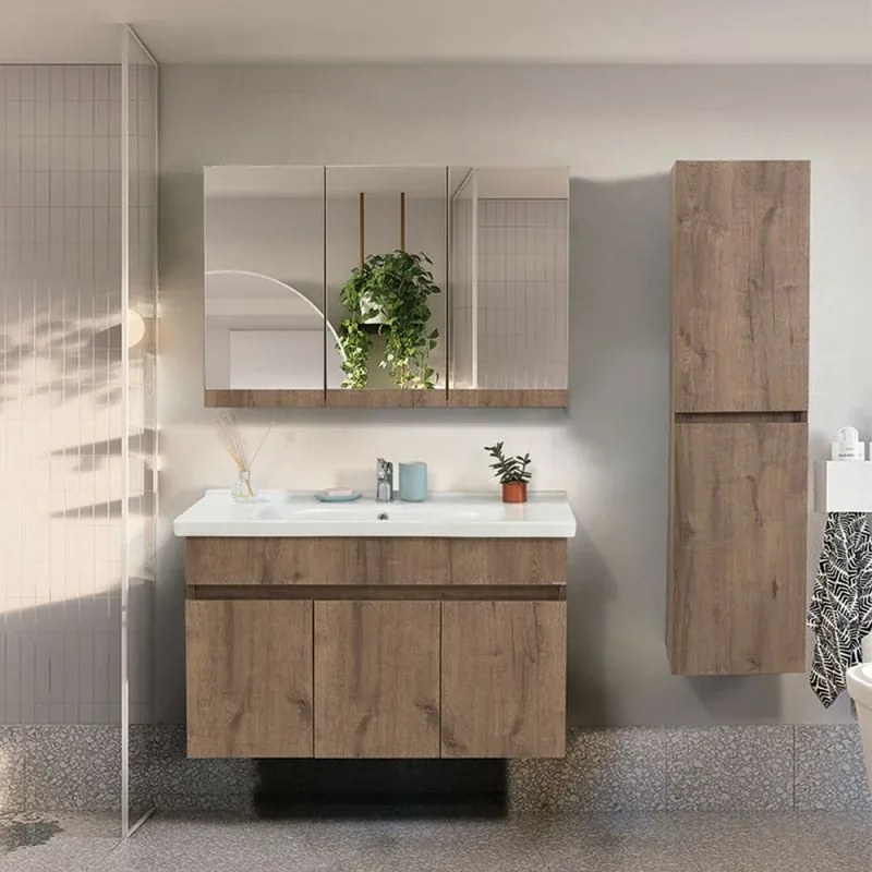 Pensile bagno sospeso rovere scuro H 140 con 2 ante soft-close Mona
