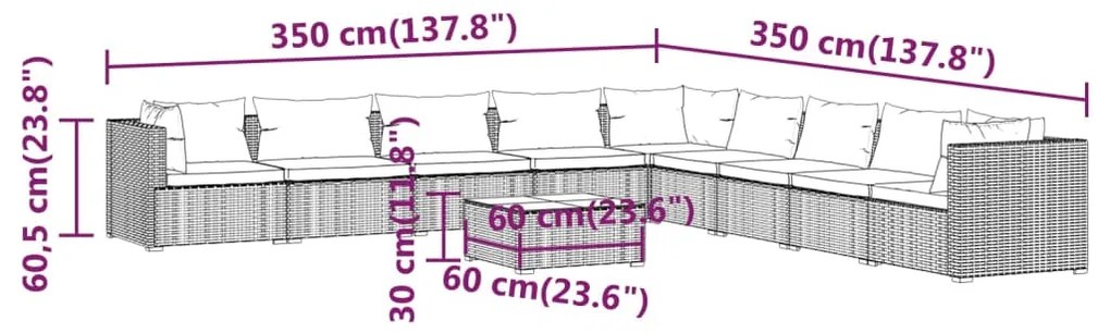 Set Divani da Giardino 10 pz con Cuscini in Polyrattan Grigio