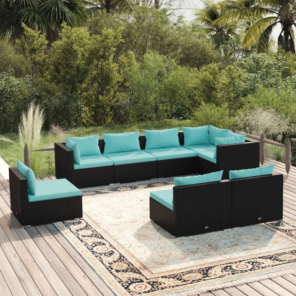 Set Mobili da Giardino con Cuscini 8 pz in Polyrattan Nero