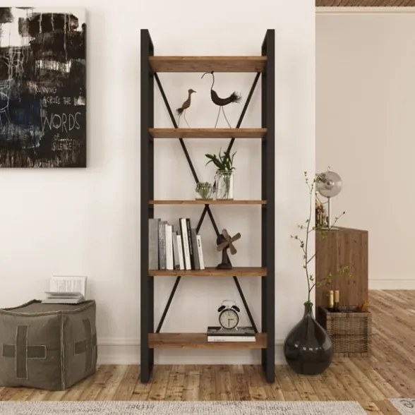 Libreria Industrial 5 Ripiani In Ferro E Legno 69x39x180H Elena