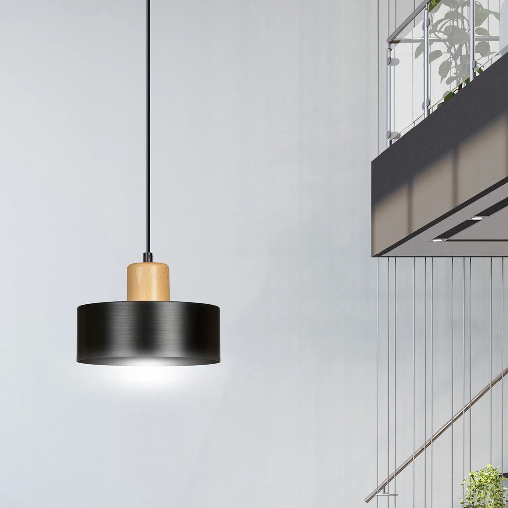 Sospensione Nordica 1 Luce Surya In Acciaio Nero E Legno