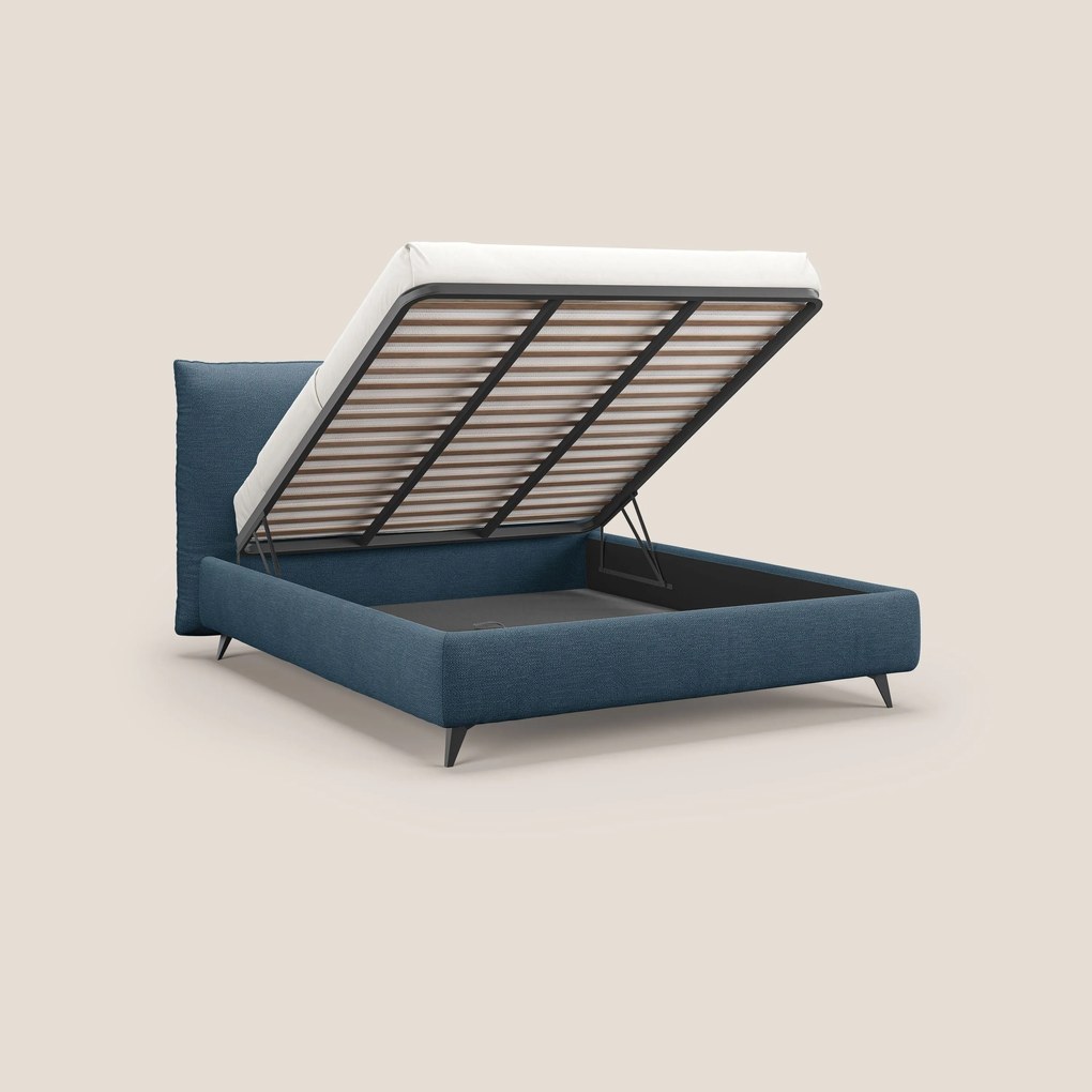 EROS letto imbottito in piuma con vano contenitore in pregiato e fresco bouclet smacchiabile T16 blu