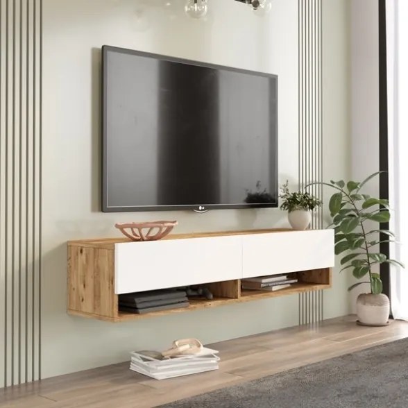Mobile Tv Sospeso 140x32x30 Effetto Legno Rovere E Bianco Evolution