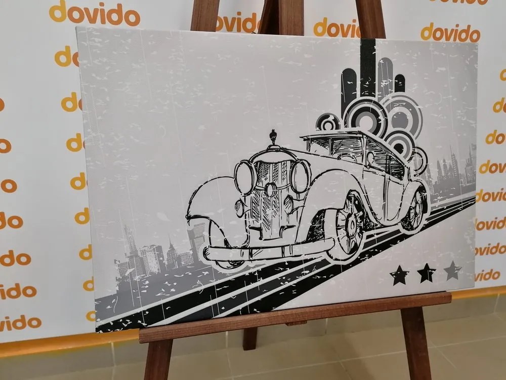 Quadro su tela – Auto in bianco e nero con sfondo vintage