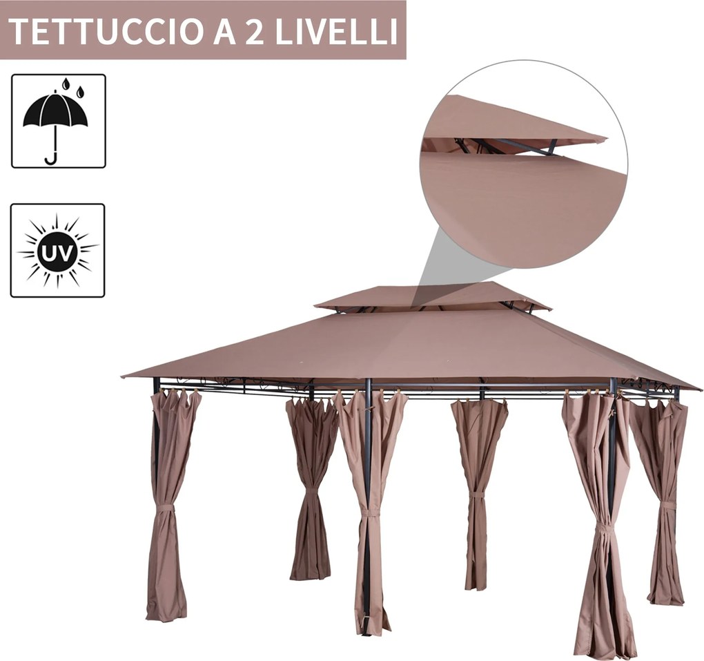 Gazebo da Giardino 4x3m in Acciaio Doppio Tetto Cachi...