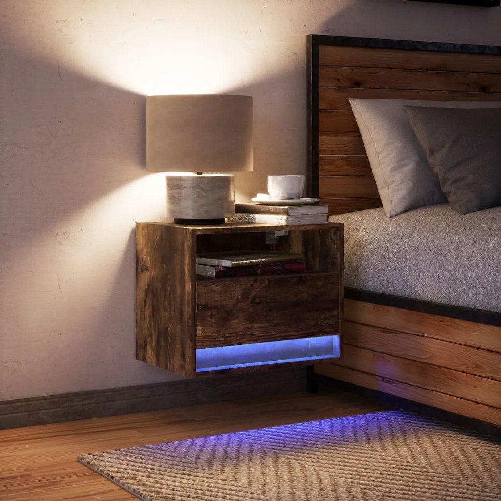 Comodino a parete con luci led rovere fumo