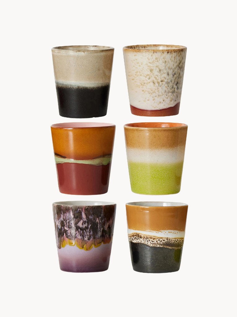 Set di 6 tazze senza manico fatte a mano con smalto reattivo 70's