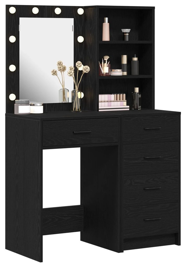 Set di 2 pezzi di tavolo da trucco con led in legno ingienierizzato nero