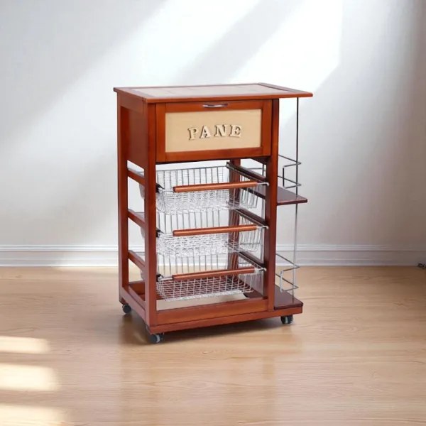 Carrello portapane con portabottiglie e cesti portafrutta Ciliegio