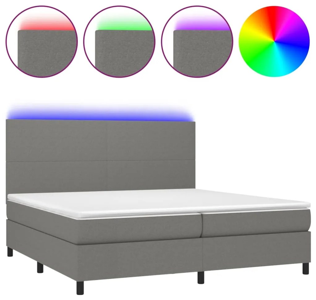 Letto a molle materasso e led grigio scuro 200x200cm in tessuto