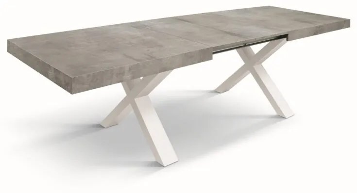 Tavolo allungabile AMALFI in legno effetto grigio cemento e gambe a X bianche, allungabile 160&#215;90 cm &#8211; 240&#215;90 cm