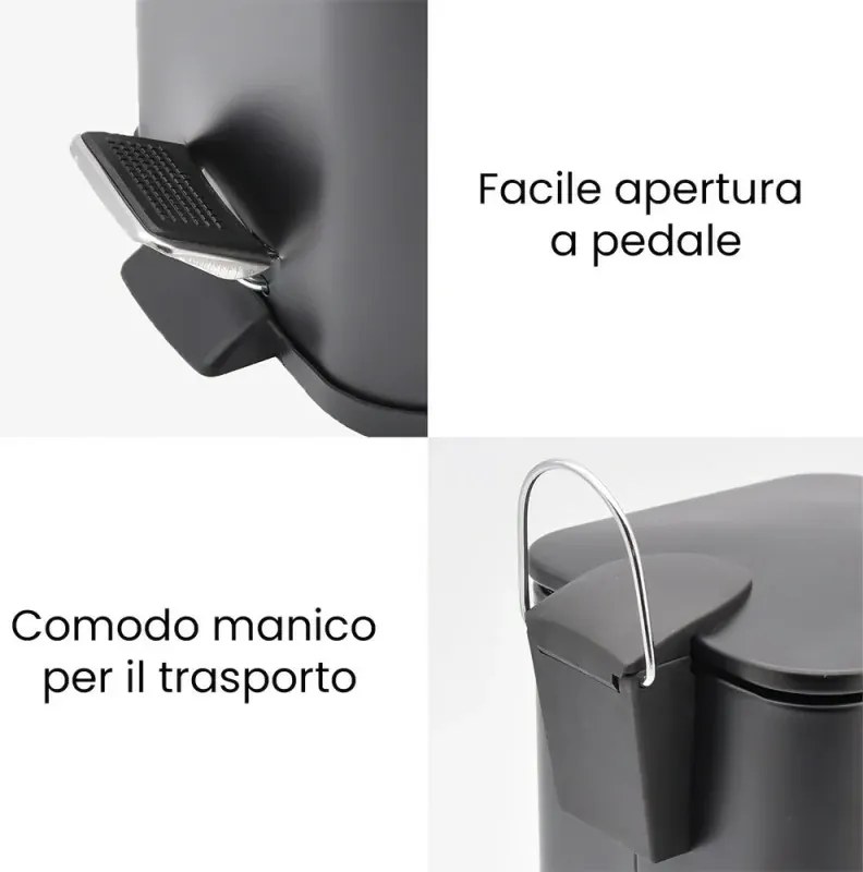 Pattumiera bagno 3lt in acciaio nero con pedale e secchio estraibile