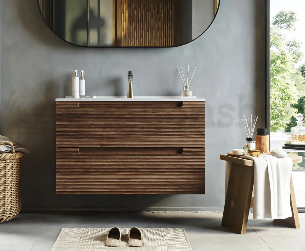 Mobile bagno noce 80x45 Mango due cassetti soft close effetto legno con lavabo in ceramica lucida