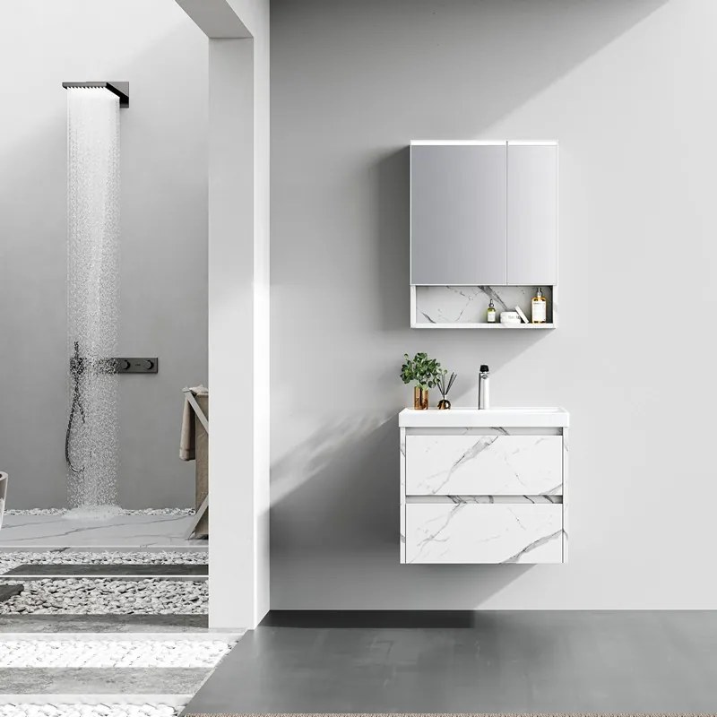 Kamalu - Mobile bagno sospeso 60 cm finitura marmo e specchio contenitore | KAM-VV60