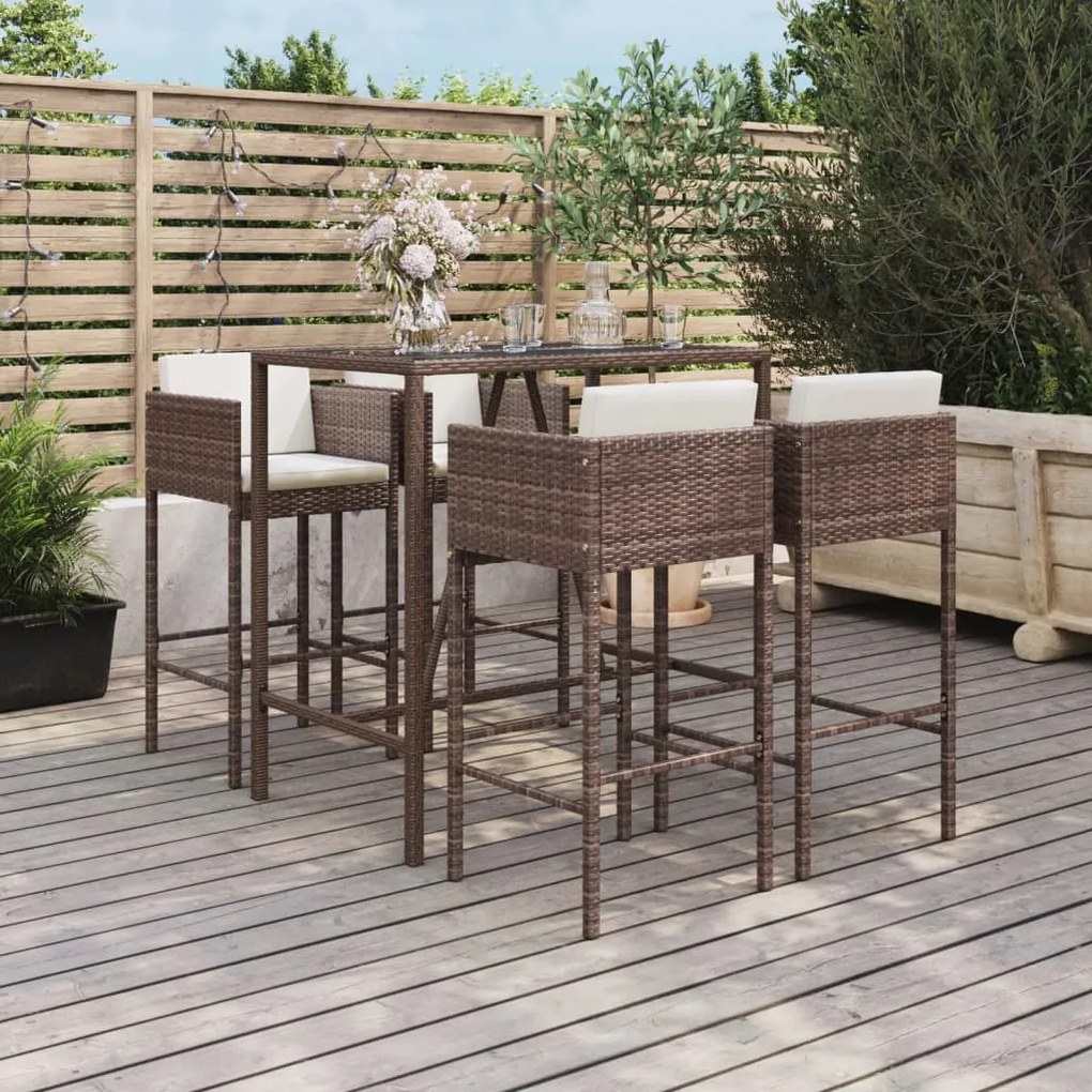 Set bar da giardino 5 pz con cuscini in polyrattan marrone