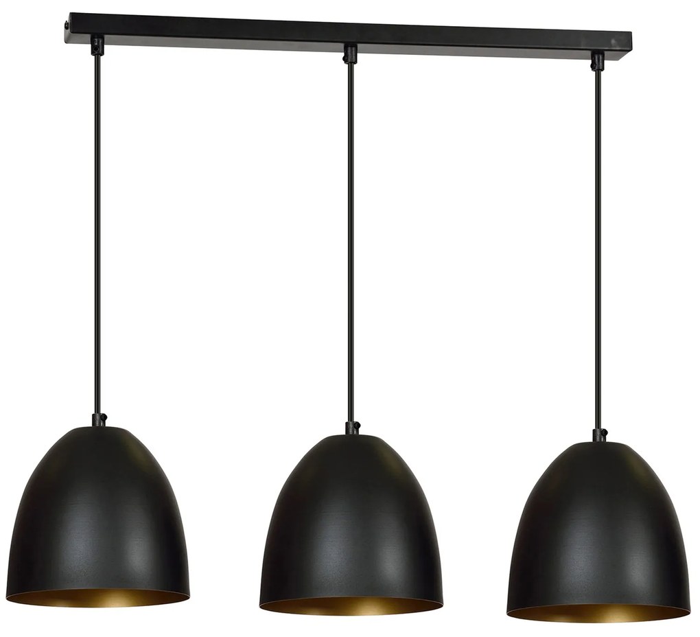 Lampadario 3 Luci Reartù In Acciaio Nero Con Cupole In Nero E Oro
